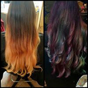Before and after of hair color and styling