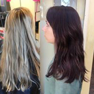 before and after of hair cut, color and style