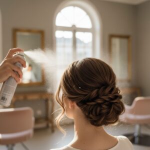 Close-up of a soft, textured, low updo being hair sprayed
