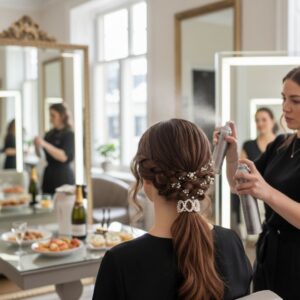 low ponytail with braids and accessories
