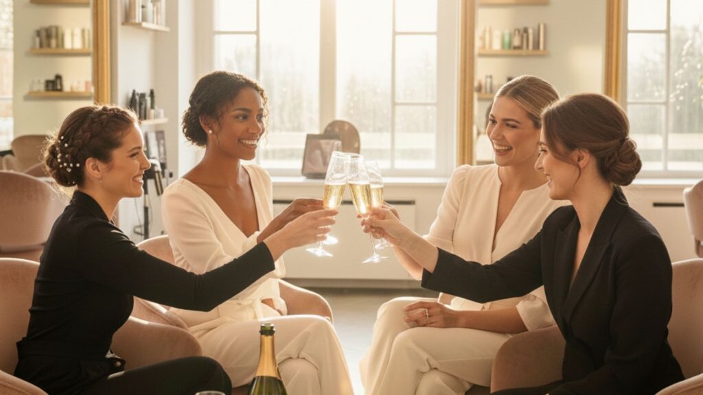 A group of young women with beautiful event hairstyles smile while celebrating with champagne flutes in a sunlit salon.