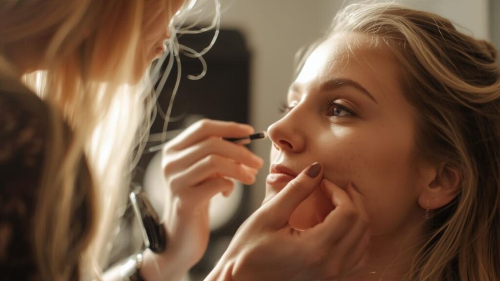 A professional makeup artist carefully applies foundation to a client's face in a bright, modern salon setting.