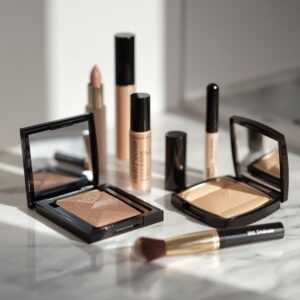 A collection of premium, unbranded cosmetic products is arranged neatly on a clean white marble surface.