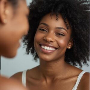 A woman smiles warmly at her reflection in a mirror, showcasing a flawless and natural-looking makeup base.