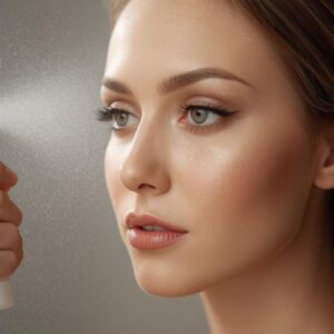 A fine mist of setting spray is applied over a completed makeup look to ensure long-lasting wear.